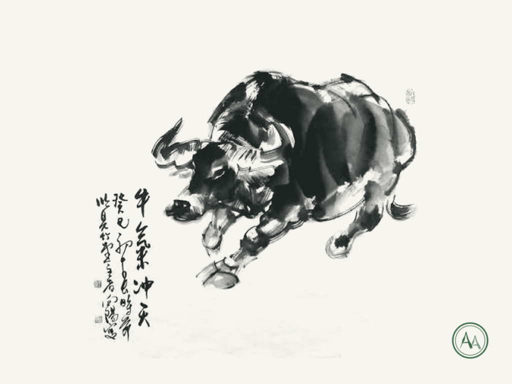 Peinture traditionnelle chinoise à l'encre représentant un buffle, avec inscription calligraphiée
